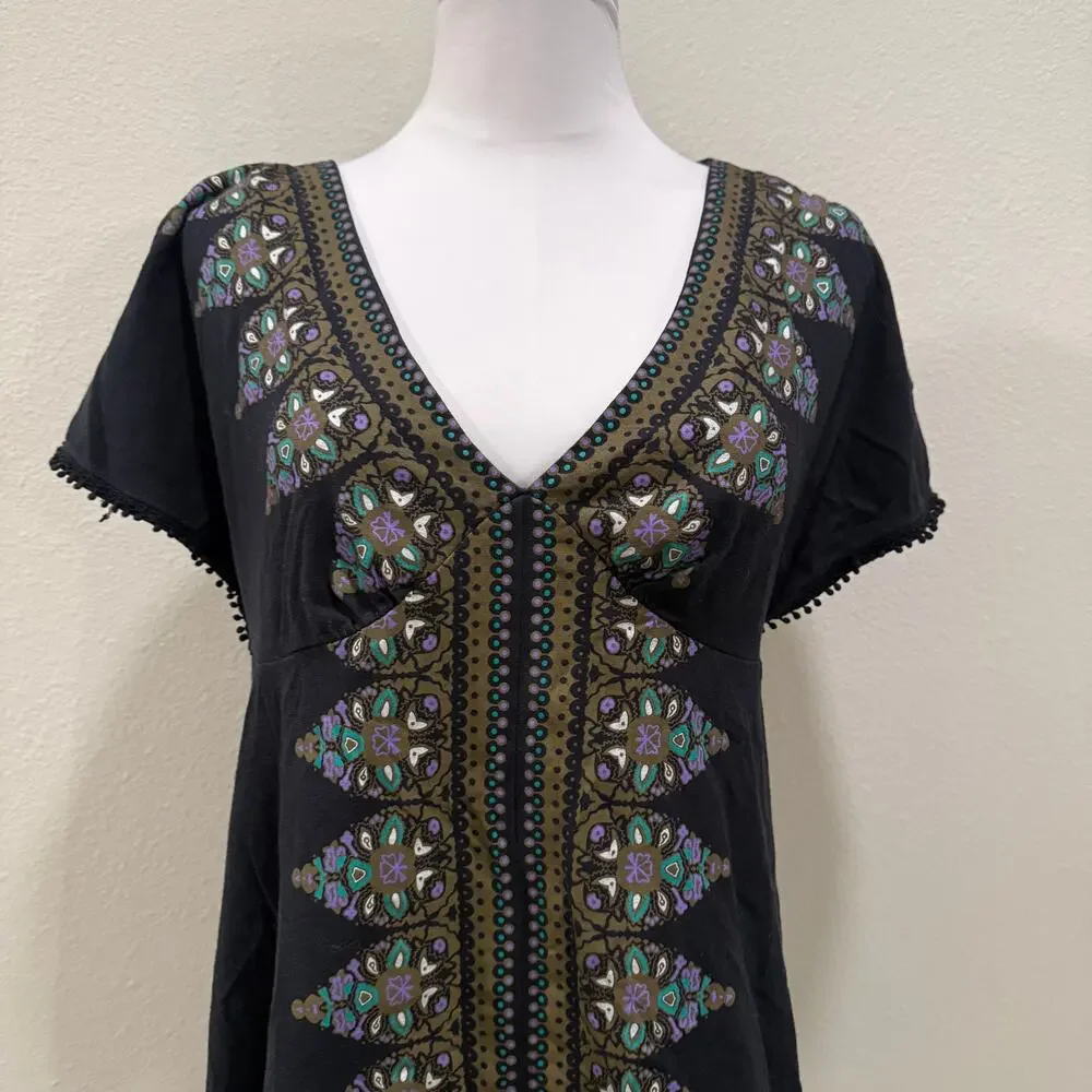 Free People Black Boho Tunic Mini Dress Small Festival V Neck Folk Hippie